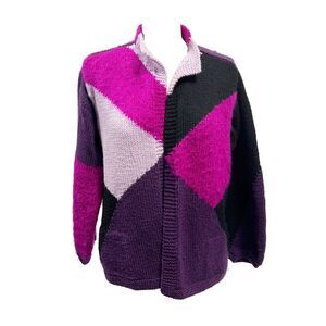 Vintage Ruth Matthews Color Block Purple & Black Knit Cardigan